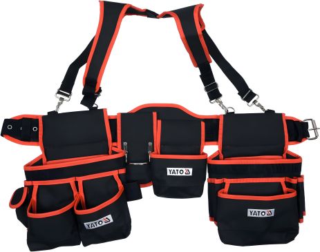 Пояс с двумя накладными сумками и карманами для инструмента на лямках, длина 1280 мм Yato YT-74070 Пояс с двумя накладными сумками и карманами для инструмента на лямках, длина 1280 мм Yato YT-74070