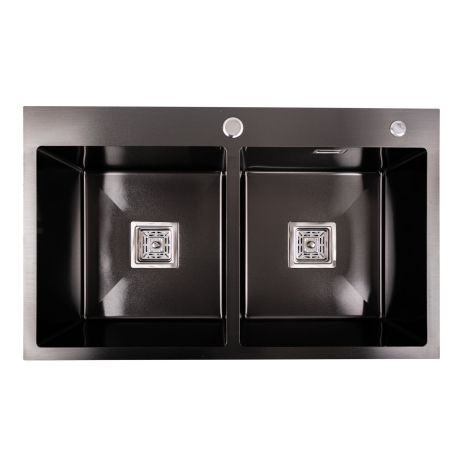 Кухонная мойка Platinum Handmade PVD HDB черная 780х480х230 на две чаши (квадратный сифон, 3.0/1.0) Кухонная мойка Platinum Handmade PVD HDB черная 780х480х230 на две чаши (квадратный сифон, 3.0/1.0)