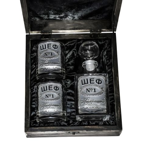 Сувенірний набір Графін + стакани для віскі з індивідуальним гравіюванням в подарунковій дерев'яній скриньці