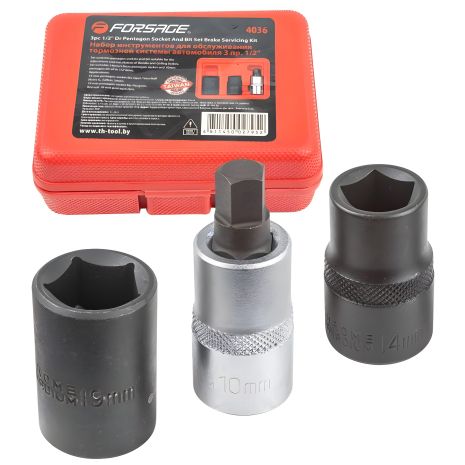 Набір головок для гальмівної системи авто 1/2" 3 предмети (14мм, 19мм - 5гр., М10 - 5гр.), в кейсі FORSAGE F-4036