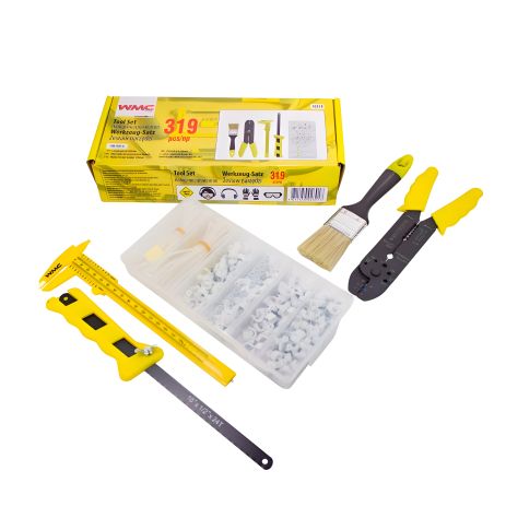 Набор инструментов 319 пр. (кисточка, штангенциркуль, съемник изоляции, ножовка, держатели кабеля, клеммы, хомуты) WMC TOOLS WT-10319