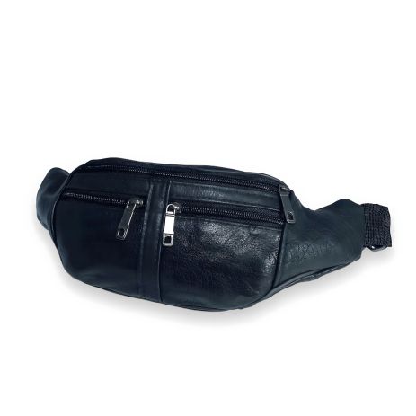 Бананка кожаная на одно отделение, 2 фронтальных кармана, черная Бананка кожаная на одно отделение, 2 фронтальных кармана, черная