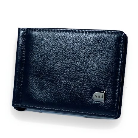 Кожаный кошелек-зажим с отделом для монет, черный, современного дизайна Кожаный кошелек-зажим с отделом для монет, черный, современного дизайна