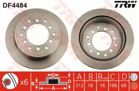 Диск тормозной (1 шт.) TOYOTA Prado 03(R), TRW (DF4484)