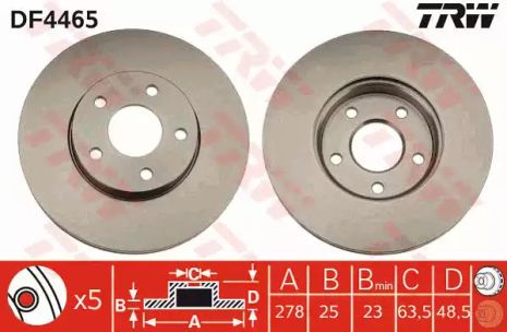 Диск тормозной (1 шт.) FORD/VOLVO (Europe) Focus/Focus C-Max/S40, TRW (DF4465)