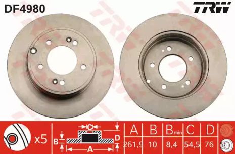 Диск гальмівний (1 шт.) HYUNDAI/KIA Grandeur/Sonata/Optima RD=284mm 05, TRW (DF4980)