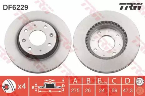 Диск гальмівний (1 шт.) KIA Cerato FD=275mm 04, TRW (DF6229)