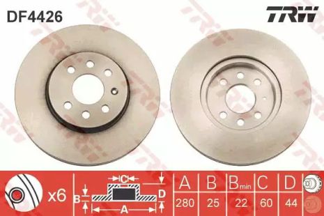 Диск тормозной (1 шт.) OPEL Astra H/Combo/Meriva FD=280mm 02, TRW (DF4426)