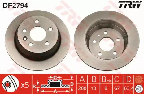 Диск гальмівний (1 шт.) MERCEDES V200/V220/V230/V280/Vito 108/Vito 110/Vito 112/Vito 1, TRW (DF2794)