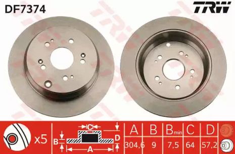 Диск тормозной (1 шт.) HONDA CR-V R 05-06, TRW (DF7374)