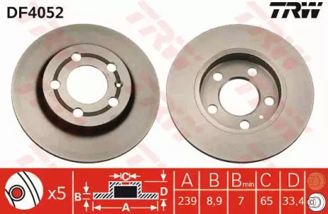 Диск гальмівний (1 шт) AUDI - SKODA - VOLKSWAGEN A3 Quattro/TT Quattro/Octavia/Bora/B, TRW (DF4052)