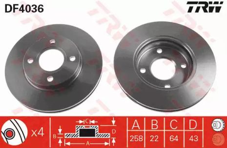 Диск гальмівний FORD FIESTA, FOCUS, MAZDA 2 передній, TRW (DF4036)