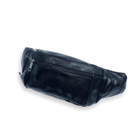 Сумка-бананка з натуральної шкіри, один відділ, дві додаткові кишені, чорна