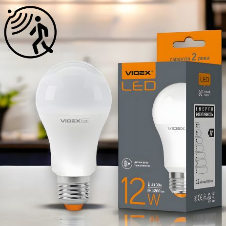 Лампа Світлодіодна з датчиком руху і освітленності VIDEX A60 12W E27 4100K 220V (VL-A60e-12274-S)