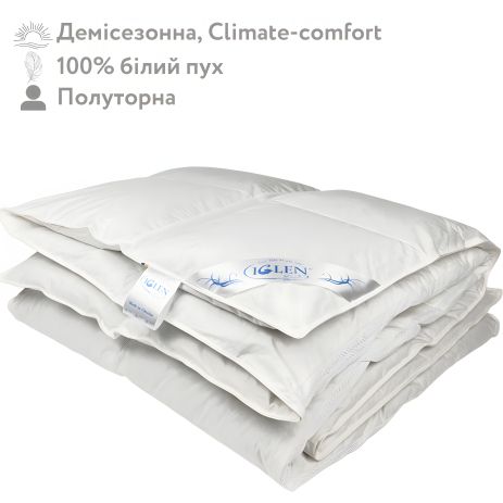 Демісезонна полуторна ковдра зі 100% білим гусячим пухом IGLEN Climate-comfort 140х205 (140205110W)