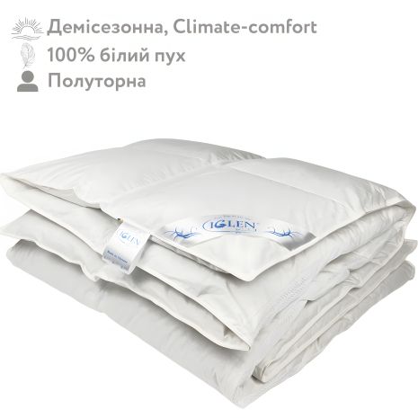Демісезонна полуторна ковдра зі 100% білим гусячим пухом IGLEN Climate-comfort 140х205 (140205110W)