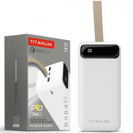 Повербанк 50000mAh TITANUM 741S 22.5W White (TPB-741S-W) зі швидкою зарядкою та ліхтариком