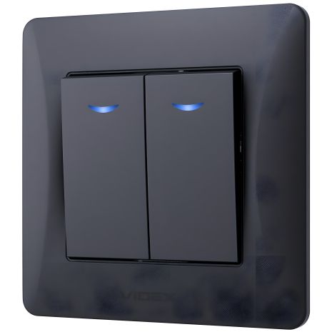 Двухклавишный выключатель повышенной огнеупорности с подсветкой VIDEX BINERA VF-BNSW2L-BG, черный графит