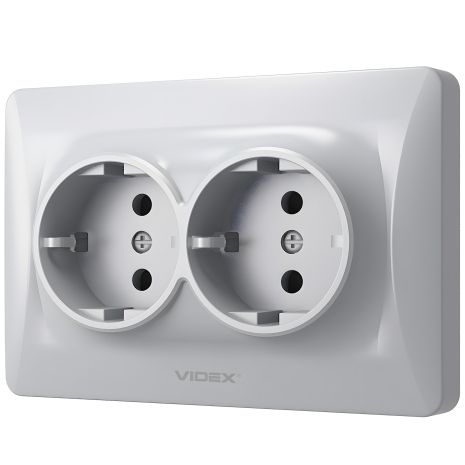 Серебристая двойная розетка с заземлением VIDEX BINERA VF-BNSK2G-SS повышенной огнеупорности Серебристая двойная розетка с заземлением VIDEX BINERA VF-BNSK2G-SS повышенной огнеупорности