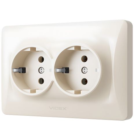 Подвійна розетка VIDEX BINERA VF-BNSK2G-CR кремова із заземленням та підвищеною вогнетривкістю