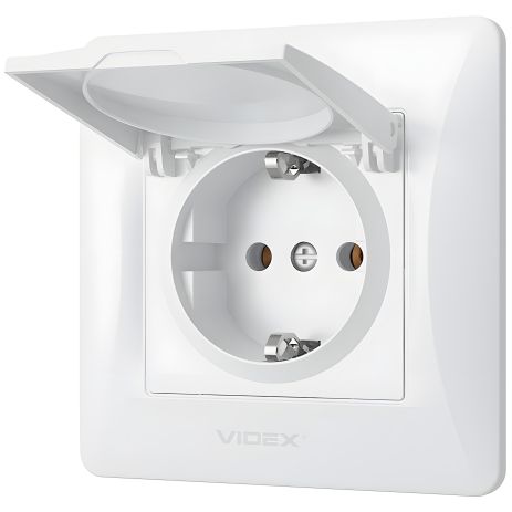 Розетка одинарна з заземленням, кришкою і підвищеною огнеупорністю VIDEX BINERA VF-BNSK1GС-W біла