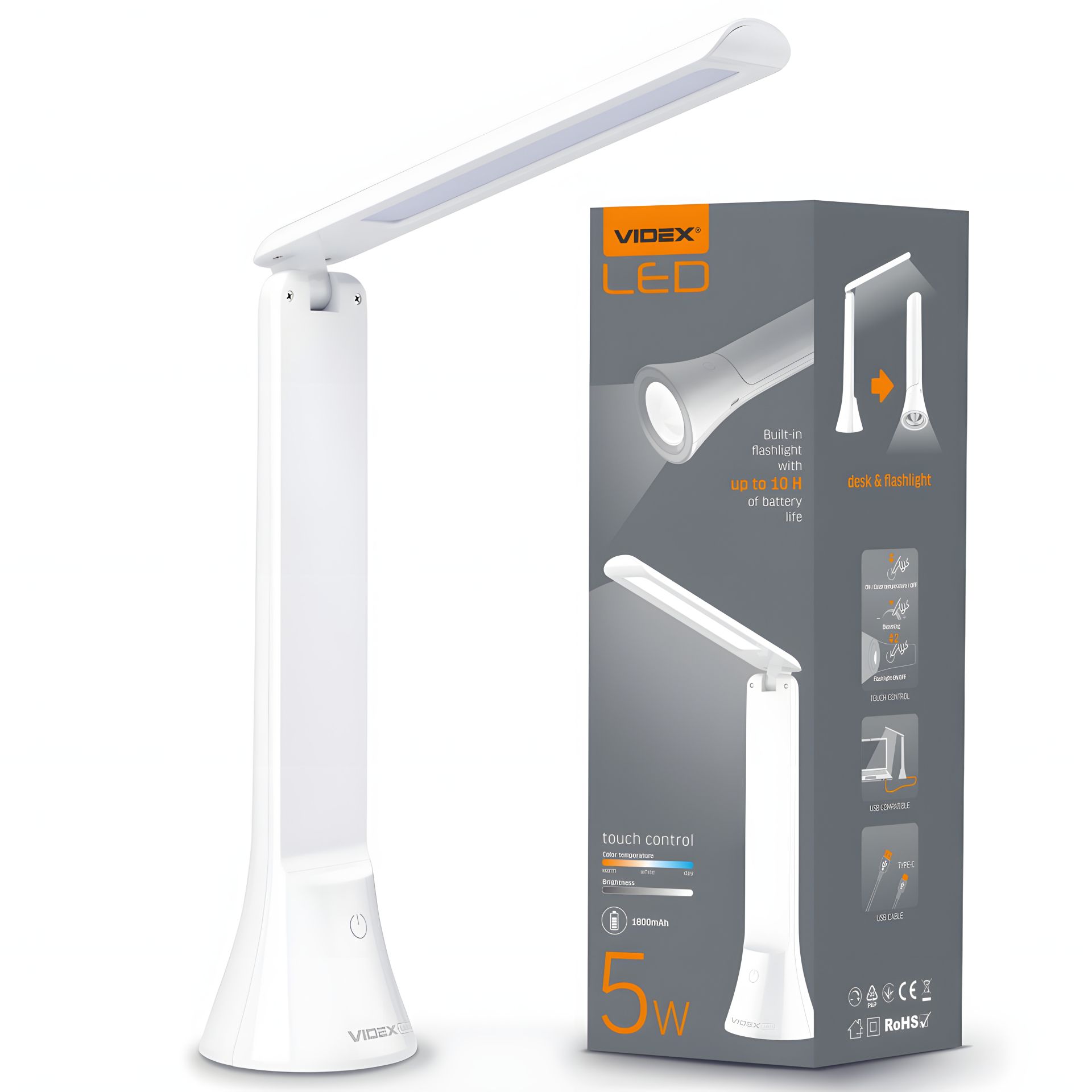 Настольная аккумуляторная лампа-фонарик VIDEX VL-TF11W 5W с регулировкой яркости и температуры света Настольная аккумуляторная лампа-фонарик VIDEX VL-TF11W 5W с регулировкой яркости и температуры света