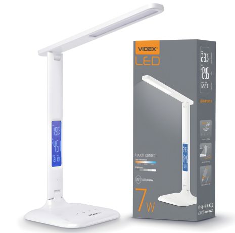 Настільна світлодіодна лампа VIDEX VL-TF05W 7W 3000-5500K 220V з регулюванням температури світла, термометром, годинником, календарем і будильником Настільна світлодіодна лампа VIDEX VL-TF05W 7W 3000-5500K 220V з регулюванням температури світла, термометром, годинником, календарем і будильником