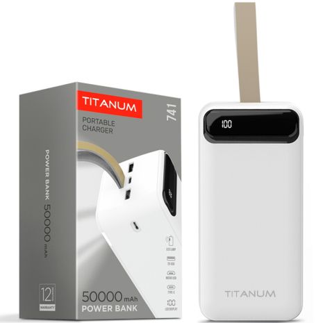 Повербанк TITANUM TPB-741-W 50000mAh Micro USB, Type-C, 2USB White с подсветкой