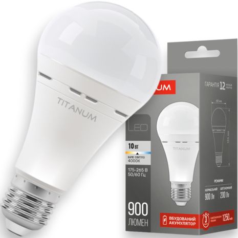 Акумуляторна лампа TITANUM A68 10W E27 4000K 220V з автономною роботою до 3 год (TL-EMA68-10274)