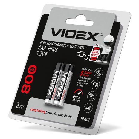 Аккумуляторы Videx HR03/AАA 800mAh 2 шт в блистере, готовы к использованию с упаковки (23335)