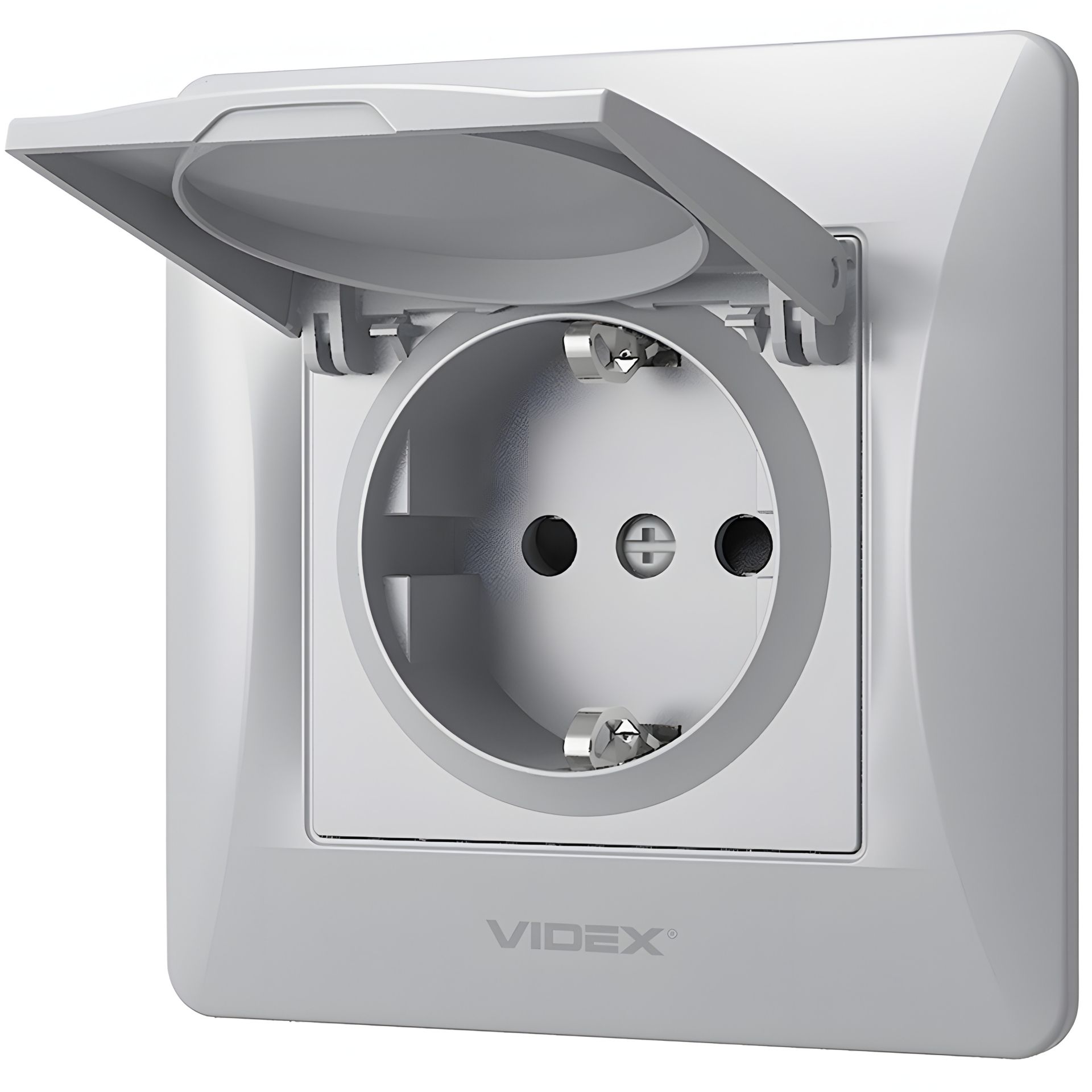 Одинарная розетка с заземлением, крышкой и повышенной огнеупорностью VIDEX BINERA VF-BNSK1GС-SS серебристая Одинарная розетка с заземлением, крышкой и повышенной огнеупорностью VIDEX BINERA VF-BNSK1GС-SS серебристая