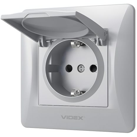 Одинарная розетка с заземлением, крышкой и повышенной огнеупорностью VIDEX BINERA VF-BNSK1GС-SS серебристая Одинарная розетка с заземлением, крышкой и повышенной огнеупорностью VIDEX BINERA VF-BNSK1GС-SS серебристая