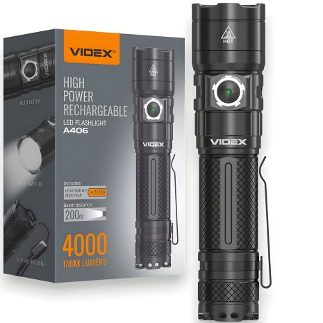 Аллюминиевый фонарь Videx 4000Lm 6500K, дальность света до 200 м, с аккумулятором (VLF-A406) Аллюминиевый фонарь Videx 4000Lm 6500K, дальность света до 200 м, с аккумулятором (VLF-A406)