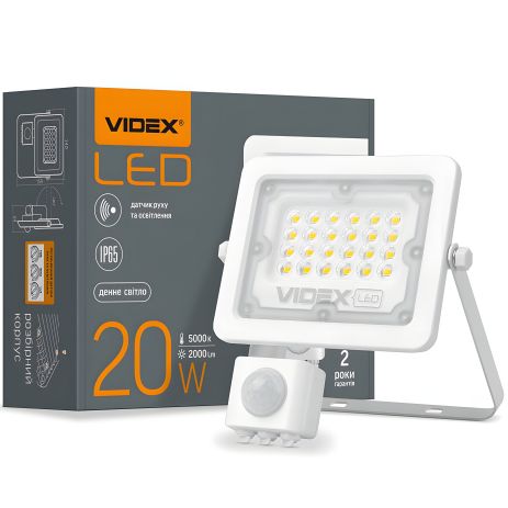 Светодиодный прожектор VIDEX F2e 20W 5000K VL-F2e205W-S с регулируемым датчиком движения и освещенности