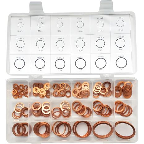 Бернер: Набор медных шайб, 18 размеров, 199 шт Бернер: Набор медных шайб, 18 размеров, 199 шт