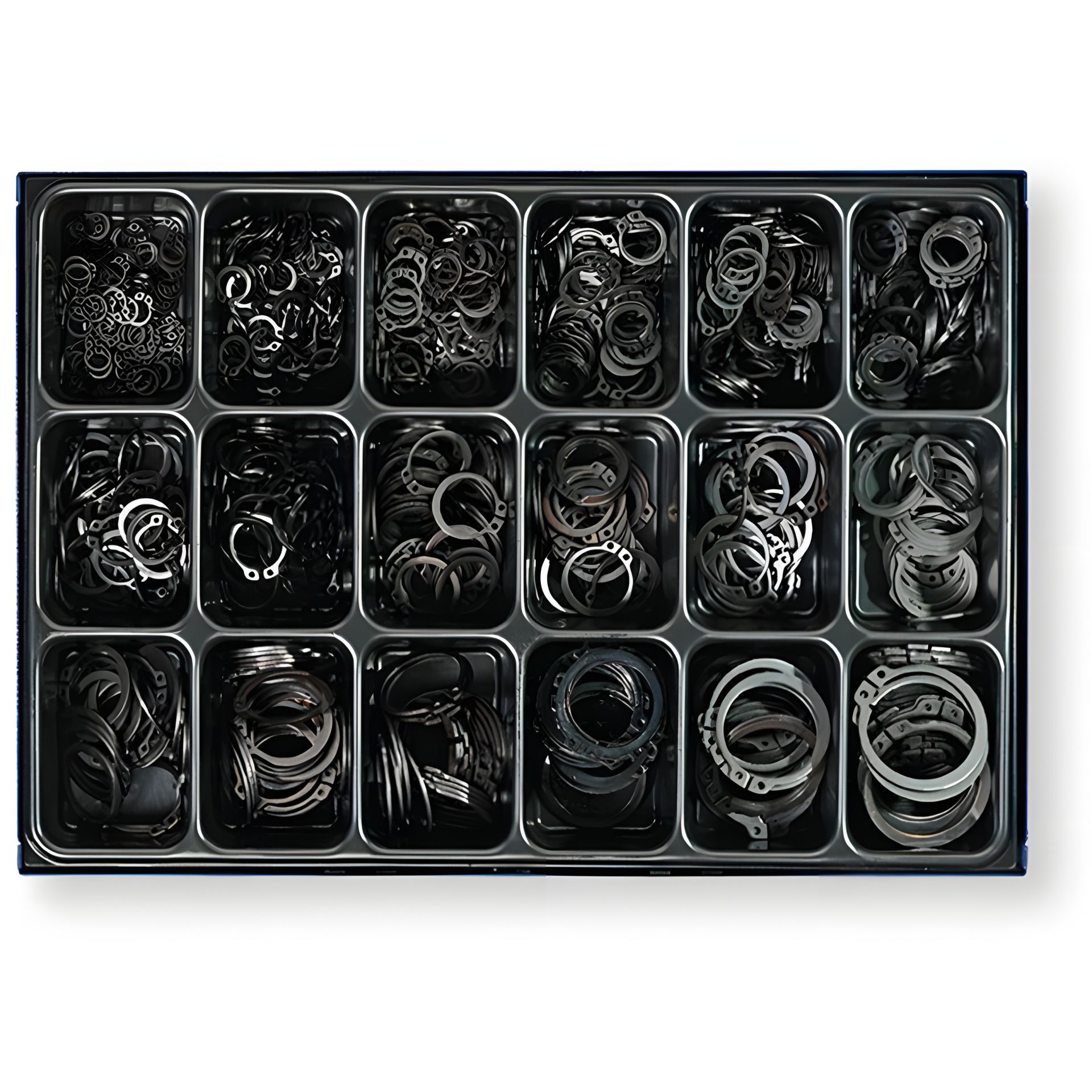 Набір зовнішніх стопорних кілець Berner (18 розмірів, 975 шт.) в ящику Набір зовнішніх стопорних кілець Berner (18 розмірів, 975 шт.) в ящику