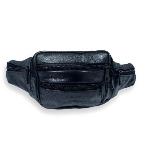 Черная кожаная сумка-бананка на пояс, 2 отдела, 4 кармана Черная кожаная сумка-бананка на пояс, 2 отдела, 4 кармана