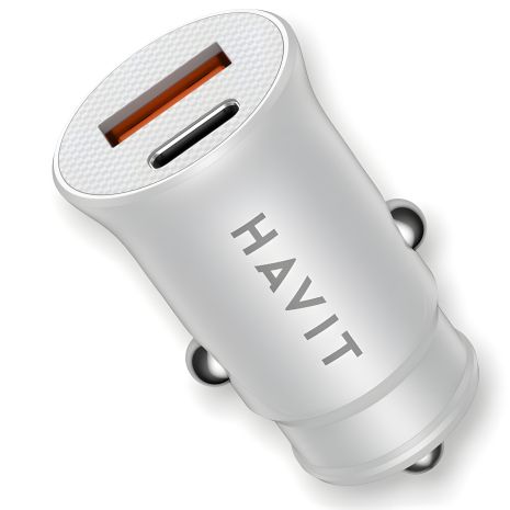 Зарядний пристрій для автомобілів HAVIT HV-CC2022 20W USB+USB-C, білий, зі швидкою зарядкою Зарядний пристрій для автомобілів HAVIT HV-CC2022 20W USB+USB-C, білий, зі швидкою зарядкою
