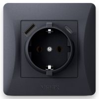 Одинарна розетка із заземленням з USB+USB-C, чорний графіт VIDEX BINERA VF-BNSK1GUC-BG