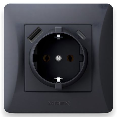 Одинарна розетка із заземленням з USB+USB-C, чорний графіт VIDEX BINERA VF-BNSK1GUC-BG Одинарна розетка із заземленням з USB+USB-C, чорний графіт VIDEX BINERA VF-BNSK1GUC-BG