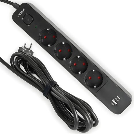 Мережевий подовжувач 3 м 4 гнізда з USB (QC3.0) і USB-C (PD18W) із заземленням і кнопкою VIDEX VF-PD43G1QC1PD-B
