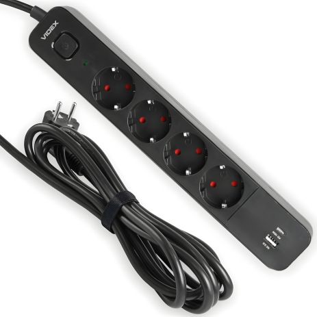 Удлинитель сетевой 3 м с USB-C (PD18W) и (QC3.0) 4 гнезда, заземлением и кнопкой VIDEX VF-PD43G1QC1PD-B