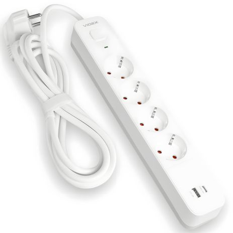 Мережевий подовжувач 3 м 4 гнізда з USB (QC3.0) і USB-C (PD18W) з заземленням і кнопкою VIDEX VF-PD43G1QC1PD-W