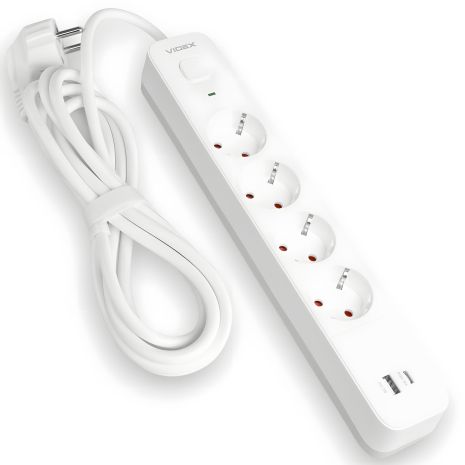 Удлинитель с заземлением и кнопкой VIDEX VF-PD43G1QC1PD-W, 3 м, 4 гнезда, USB (QC3.0) и USB-C (PD18W)