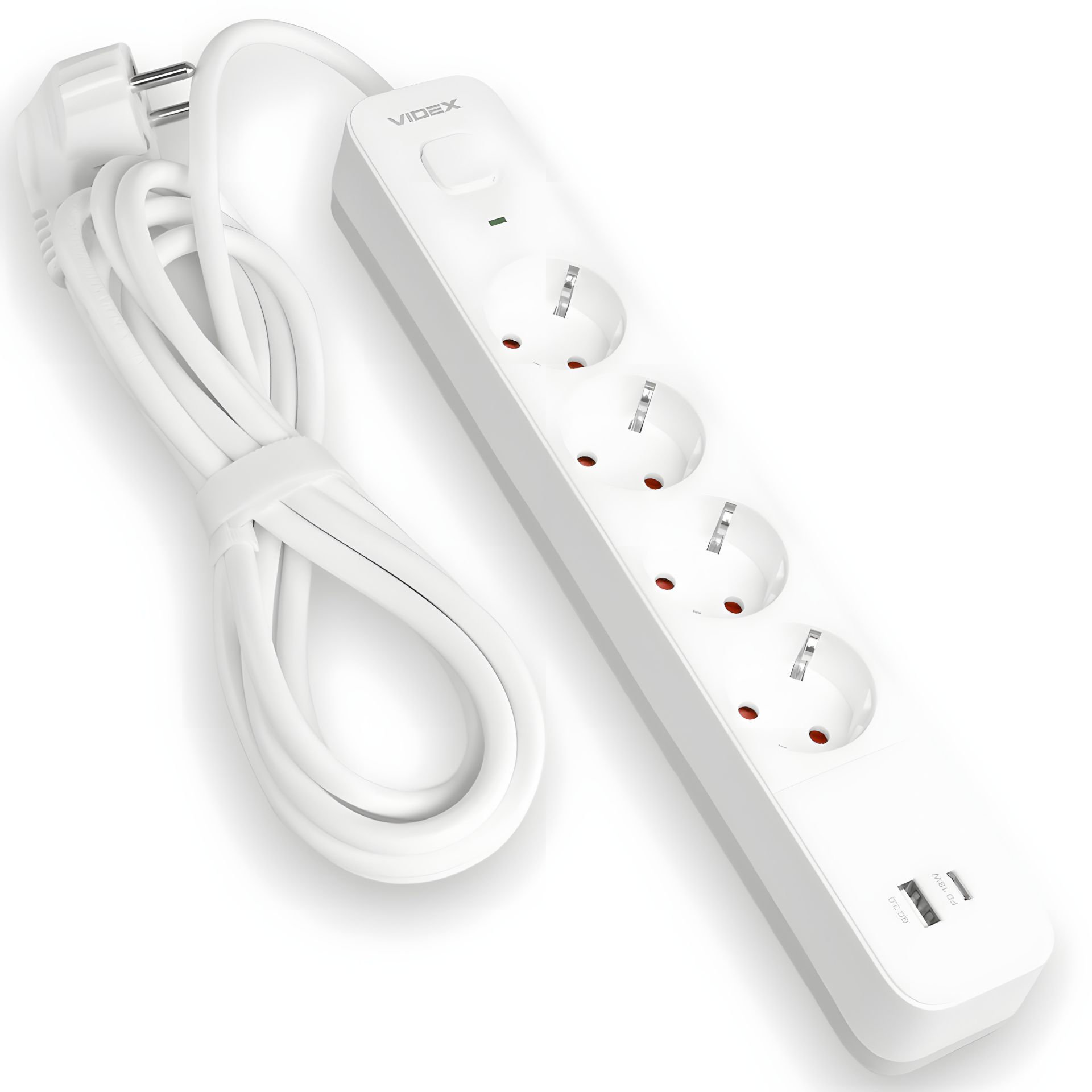 Мережевий подовжувач 3 м 4 гнізда з USB (QC3.0) і USB-C (PD18W) з заземленням і кнопкою VIDEX VF-PD43G1QC1PD-W Мережевий подовжувач 3 м 4 гнізда з USB (QC3.0) і USB-C (PD18W) з заземленням і кнопкою VIDEX VF-PD43G1QC1PD-W