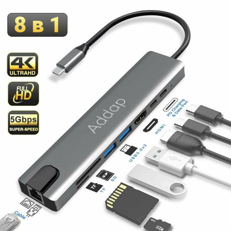 УЦЕНКА!Мультифункциональный USB Type-C хаб Addap MH-04, 8 в 1: HDMI/HDTV + PD + USB C + SD + TF + RJ45