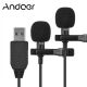 Двойной петличный микрофон Andoer EY-510D USB, 2 метра, петличка для ноутбука, компьютера, пк