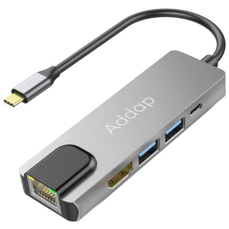 Многофункциональный USB Type-C хаб / разветвитель Addap MH-09, концентратор 5в1: 2 x USB 3,0 + Type-C + HDMI + Ethernet 100mbps