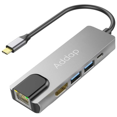 Багатофункціональний USB Type-C хаб / розгалужувач Addap MH-09, концентратор 5в1: 2 x USB 3,0 + Type-C + HDMI + Ethernet 100mbps