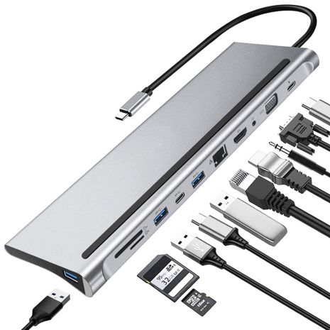 11в1: Багатопортовий USB Type-C хаб / підставка для ноутбука Addap MH-01: HDMI + USB A + PD + USB C + SD + RJ45 + VGA + 3,5mm